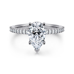 Gabriel & Co. ER14918P6W44JJ 14 karat white gold Classic engagement ring, front view of a pear shaped center with a pointed tip and diamonds along the shoulders