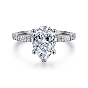 Gabriel & Co. ER14918P8W44JJ 14 karat white gold Classic engagement ring, front view of a pear shaped center, ball tipped prongs, and a V tip at its narrow end