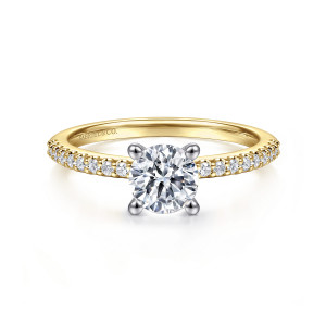 Gabriel & Co. ER14918R4M44JJ 14 karat white and yellow gold Classic engagement ring, front view of a round center held in four rounded claws with small stones on either shoulder