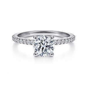 Gabriel & Co. ER14918R4W44JJ 14 karat white gold Classic engagement ring, front view of a round center between ball tipped prongs and small diamonds on the shoulders