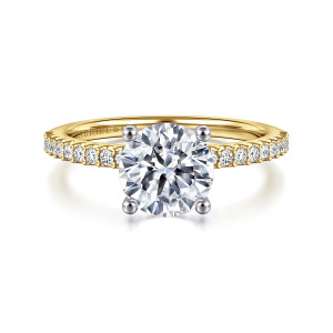 Gabriel & Co. ER14918R6M44JJ 14 karat white and yellow gold Classic engagement ring, front view of a round center with four prongs and small round stones along the shoulders