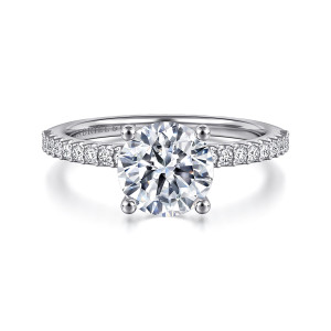 Gabriel & Co. ER14918R6W44JJ 14 karat white gold Classic engagement ring, front view of a round center in ball tipped prongs with diamonds along both shoulders