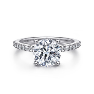Gabriel & Co. ER14918R8PT4JJ platinum Classic engagement ring, front view of a round center with four rounded prong tips and diamonds along both shoulders
