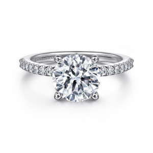 Gabriel & Co. ER14918R8W44JJ 14 karat white gold Classic engagement ring, front view of a round center with ball tipped prongs and small diamonds down each shoulder