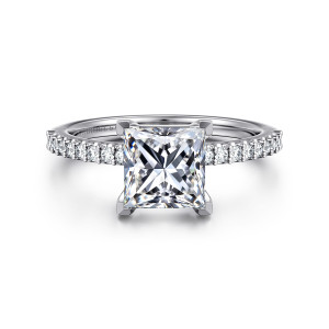 Gabriel & Co. ER14918S6W44JJ 14 karat white gold Classic engagement ring, front view of a square center held by four corner prongs above rows of small diamonds