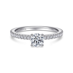 Gabriel & Co. ER14919R2W44JJ 14 karat white gold Classic engagement ring, front view of a round center on a four prong basket between rows of small stones