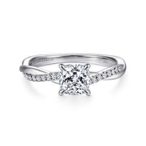 Gabriel & Co. ER14922C4W44JJ 14 karat white gold Contemporary engagement ring, front view of a cushion center in four claws above a crossing band of small diamonds