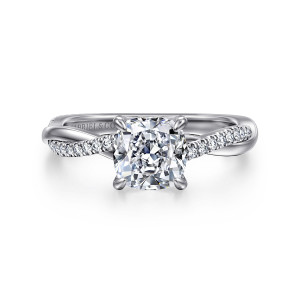 Gabriel & Co. ER14922C6W84JJ 18 karat white gold Contemporary engagement ring, front view of a cushion center in four prongs with small stones running into a twisted band