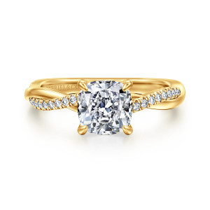 Gabriel & Co. ER14922C6Y84JJ 18 karat yellow gold Contemporary engagement ring, front view of a cushion center held by four claw prongs above the twisting band
