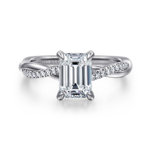 Gabriel & Co. ER14922E6PT4JJ platinum Contemporary engagement ring, front view of an emerald cut center in four claw prongs above a twisting band