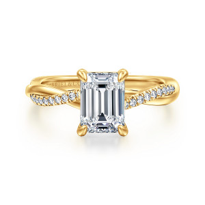 Gabriel & Co. ER14922E6Y84JJ 18 karat yellow gold Contemporary engagement ring, front view of an emerald cut center in four rounded claw prongs above a twisting band