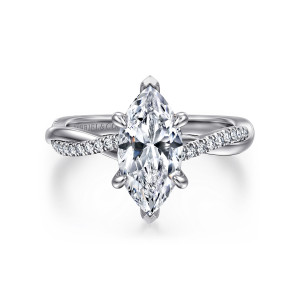 Gabriel & Co. ER14922M6PT4JJ platinum Contemporary engagement ring, front view of a marquise center with pointed tip prongs and a band crossing over itself