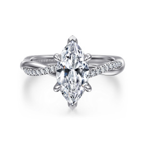 Gabriel & Co. ER14922M6W44JJ 14 karat white gold Contemporary engagement ring, front view of a marquise center above a twisting band of small stones