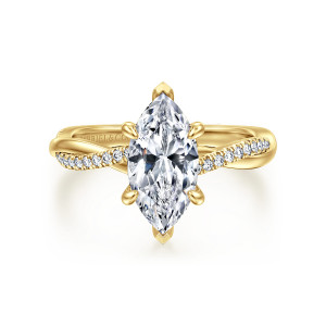 Gabriel & Co. ER14922M6Y44JJ 14 karat yellow gold Contemporary engagement ring, front view of a marquise center with pointed prongs at both tips and diamonds on the crossing band
