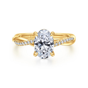 Gabriel & Co. ER14922O6Y84JJ 18 karat yellow gold Contemporary engagement ring, front view of an oval center in four slim prongs with crossing strands at each shoulder