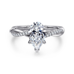 Gabriel & Co. ER14922P6W44JJ 14 karat white gold Contemporary engagement ring, front view of a pear shaped center with a V shaped prong and stones on the crossing band