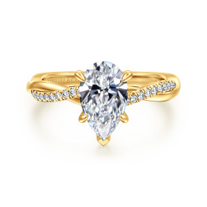 Gabriel & Co. ER14922P6Y84JJ 18 karat yellow gold Contemporary engagement ring, front view of a pear shaped center with rounded prong tips above a band crossing over itself