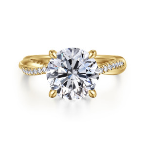 Gabriel & Co. ER14922R12Y44JJ 14 karat yellow gold Contemporary engagement ring, front view of a round center in four slim prongs with diamonds tracing the twisting shoulders
