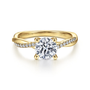 Gabriel & Co. ER14922R4Y44JJ 14 karat yellow gold Contemporary engagement ring, front view of a round center held by rounded prongs above a twisting pave band
