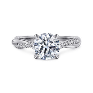 Gabriel & Co. ER14922R6W84JJ 18 karat white gold Contemporary engagement ring, front view of a round center in slim claws with the diamond strand crossing the smooth strand