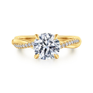 Gabriel & Co. ER14922R6Y84JJ 18 karat yellow gold Contemporary engagement ring, front view of a round center held by four claws over two diamond edged strands