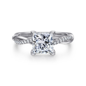Gabriel & Co. ER14922S6PT4JJ platinum Contemporary engagement ring, front view of a princess cut center held by squared corner prongs over the twisted band
