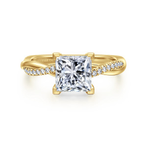 Gabriel & Co. ER14922S6Y44JJ 14 karat yellow gold Contemporary engagement ring, front view of a princess cut center gripped at each corner above a band set with small diamonds