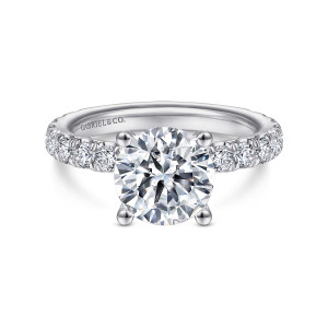 Gabriel & Co. ER14941R8PT4JJ platinum Classic engagement ring, front view of a round center above a row of round diamonds along both shoulders
