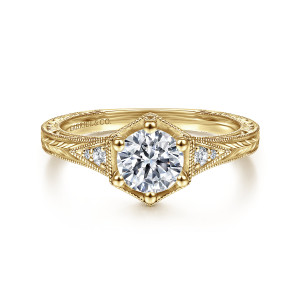 Gabriel & Co. ER14961R3Y44JJ 14 karat yellow gold Victorian engagement ring, front view of a hexagonal head with a ball tipped prong at each corner