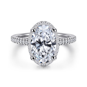 Gabriel & Co. ER14975O12W44JJ 14 karat white gold Classic engagement ring, front view of an oval center in four rounded prongs with tiny stones edging the rim