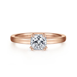 Gabriel & Co. ER14982C4K4JJJ 14 karat rose gold Classic engagement ring, front view of a cushion cut center held by paired prongs at each corner on a slim band