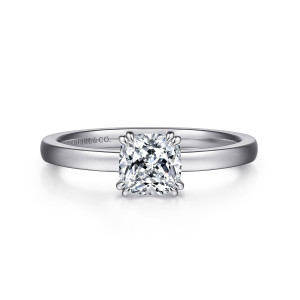 Gabriel & Co. ER14982C4W4JJJ 14 karat white gold Classic engagement ring, front view of a cushion cut center in paired corner prongs on a flat topped band
