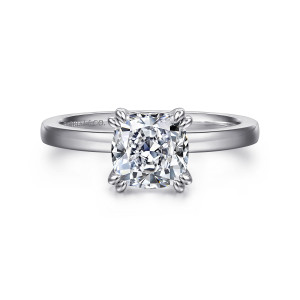 Gabriel & Co. ER14982C6W4JJJ 14 karat white gold Classic engagement ring, front view of a cushion cut center gripped by doubled bulb tipped prongs on a plain band