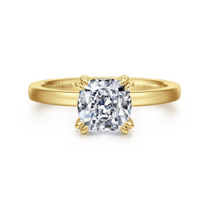 Gabriel & Co. ER14982C6Y4JJJ 14 karat yellow gold Classic engagement ring, front view of a cushion cut center with a pair of rounded prongs at every corner