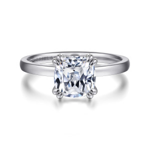 Gabriel & Co. ER14982C8W4JJJ 14 karat white gold Classic engagement ring, front view of a cushion cut center with a pair of rounded prongs at each corner