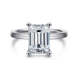 Gabriel & Co. ER14982E12W4JJJ 14 karat white gold Classic engagement ring, front view of an emerald cut center held at the corners by ball tipped prongs
