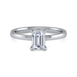 Gabriel & Co. ER14982E4W4JJJ 14 karat white gold Classic engagement ring, front view of an upright emerald cut center with a rounded claw at each corner