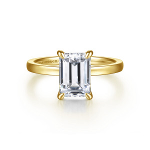 Gabriel & Co. ER14982E8Y4JJJ 14 karat yellow gold Classic engagement ring, front view of an emerald cut center with a claw at each corner and a smooth band