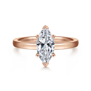 Gabriel & Co. ER14982M4K4JJJ 14 karat rose gold Classic engagement ring, front view of a marquise center with V shaped prongs at both points and ball tipped prongs beside