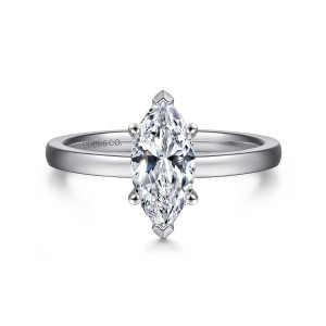 Gabriel & Co. ER14982M4W4JJJ 14 karat white gold Classic engagement ring, front view of a marquise center with a V shaped prong at each pointed end