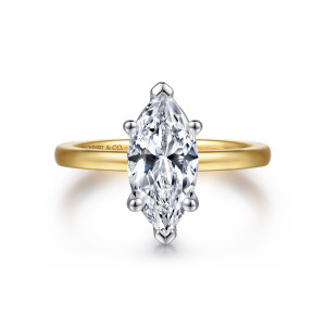 Gabriel & Co. ER14982M6M4JJJ 14 karat white and yellow gold Classic engagement ring, front view of a marquise center held by pointed end prongs and four ball tipped side prongs