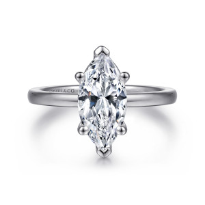 Gabriel & Co. ER14982M6W4JJJ 14 karat white gold Classic engagement ring, front view of a marquise center with pointed V prongs at both tips and ball tipped prongs