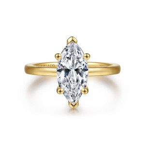 Gabriel & Co. ER14982M6Y4JJJ 14 karat yellow gold Classic engagement ring, front view of a marquise center with pointed prong caps at both ends and beads on each side