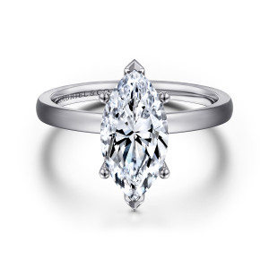 Gabriel & Co. ER14982M8W4JJJ 14 karat white gold Classic engagement ring, front view of a marquise center with pointed V tip prongs and ball tipped side prongs