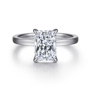 Gabriel & Co. ER14982N8W4JJJ 14 karat white gold Classic engagement ring, front view of a rectangular center with cut corners held by four sharp claw shaped prongs