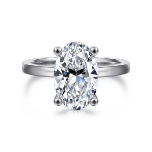Gabriel & Co. ER14982O12W4JJJ 14 karat white gold Classic engagement ring, front view of a tall oval center with ball tipped prongs at its upper and lower ends