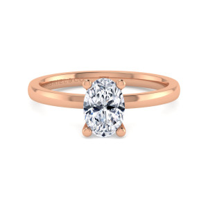 Gabriel & Co. ER14982O4K4JJJ 14 karat rose gold Classic engagement ring, front view of an oval center on four ball tipped prongs over a plain flat band