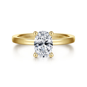 Gabriel & Co. ER14982O4Y4JJJ 14 karat yellow gold Classic engagement ring, front view of an oval center on four ball tipped prongs above a flat, squared band