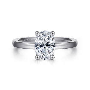 Gabriel & Co. ER14982O7W4JJJ 14 karat white gold Classic engagement ring, front view of an oval center in ball tipped prongs above a flat band with a maker's mark