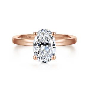 Gabriel & Co. ER14982O8K4JJJ 14 karat rose gold Classic engagement ring, front view of an oval center held by ball tipped prongs over a plain flat band